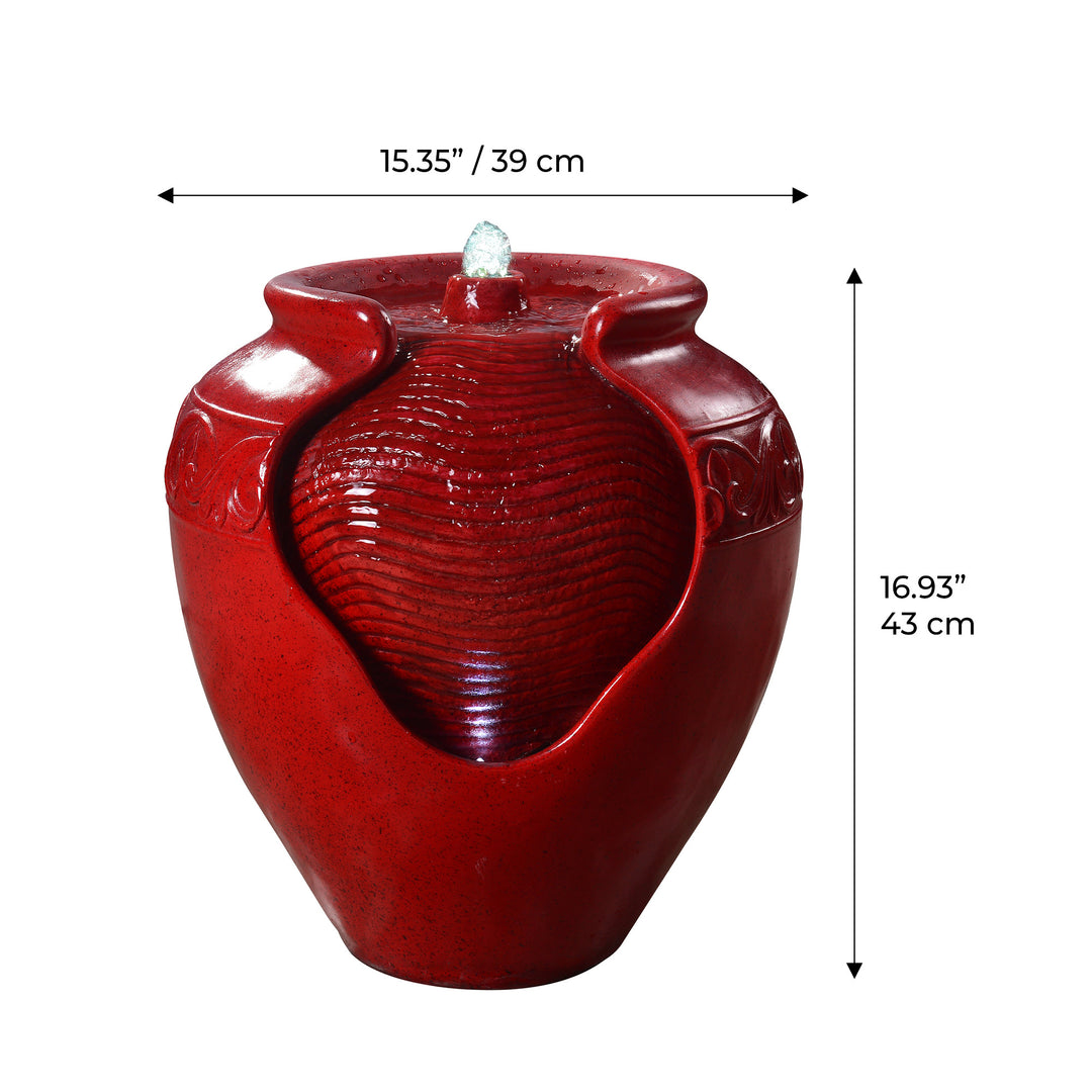 A Teamson Home Outdoor Glazed Pot Floor Fountain with LED Lights, Red water fountain with built-in LED lights and dimensions labeled in inches and centimeters