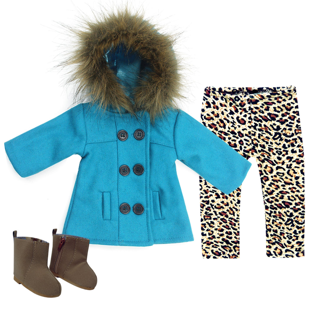 Sophia's 3 Piece Winter Set Includes faux fur Trimmed Pea Coat, Animal Print Leggings and Boots for 18" Dolls, Turquoise/Brown