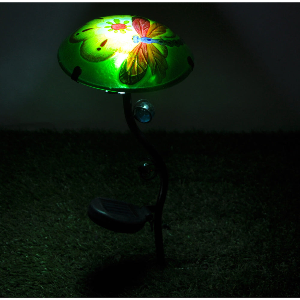 Teamson Home Outdoor Dragonfly Fusion Glass Stake with LED Light, Green illuminated decorative garden stake solar light at night.