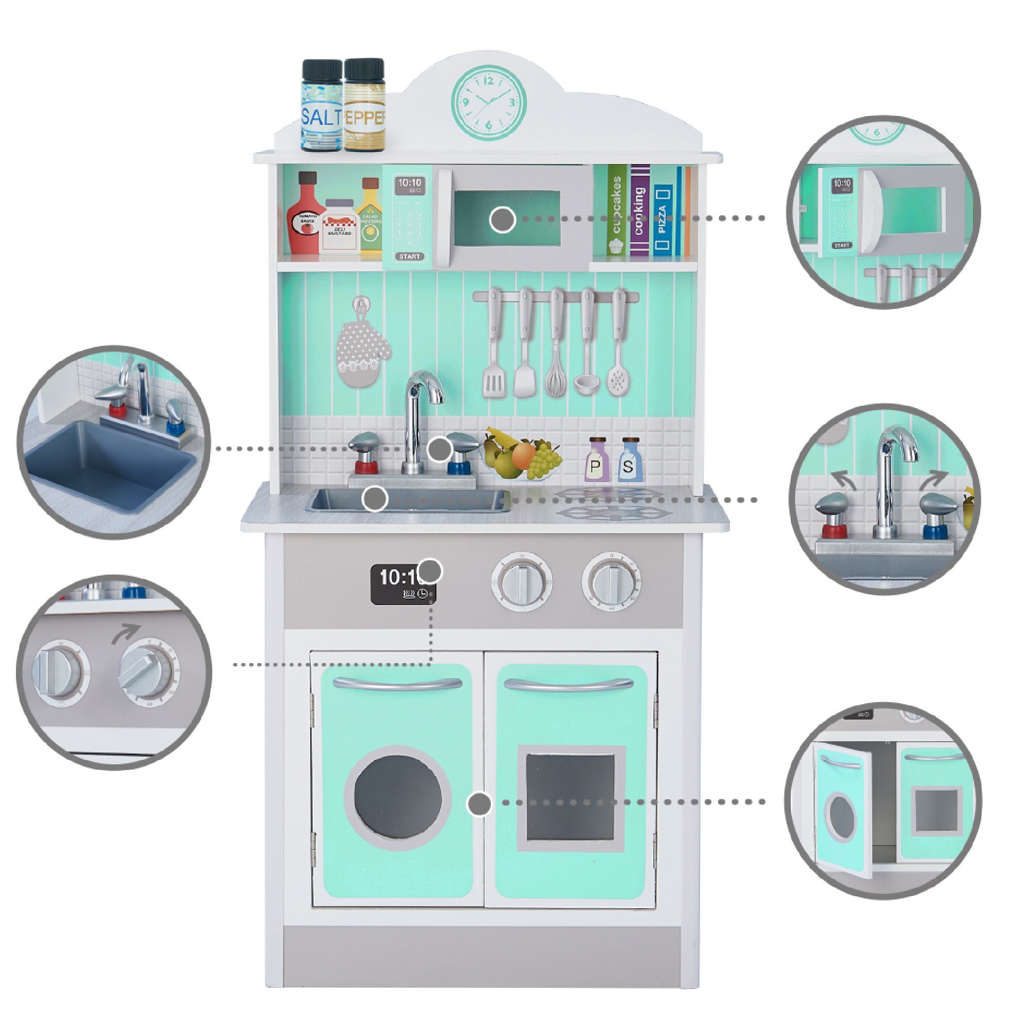 Teamson Kids Little Chef Madrid Classic Play Kitchen with Salt & Pepper Shakers, Mint/Gray