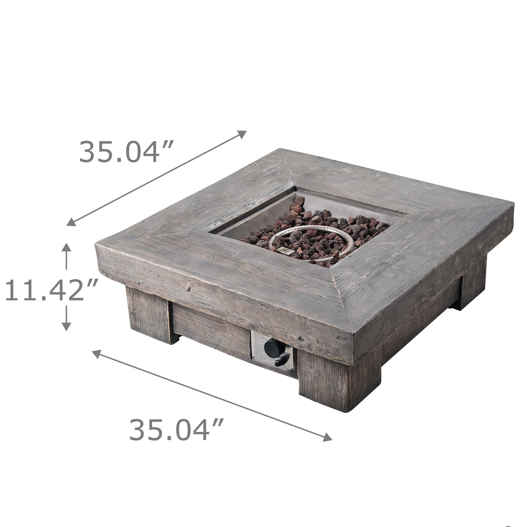 Teamson Home 35" Square Retro Wood Look Gas Fire Pit table with dimensions in inches