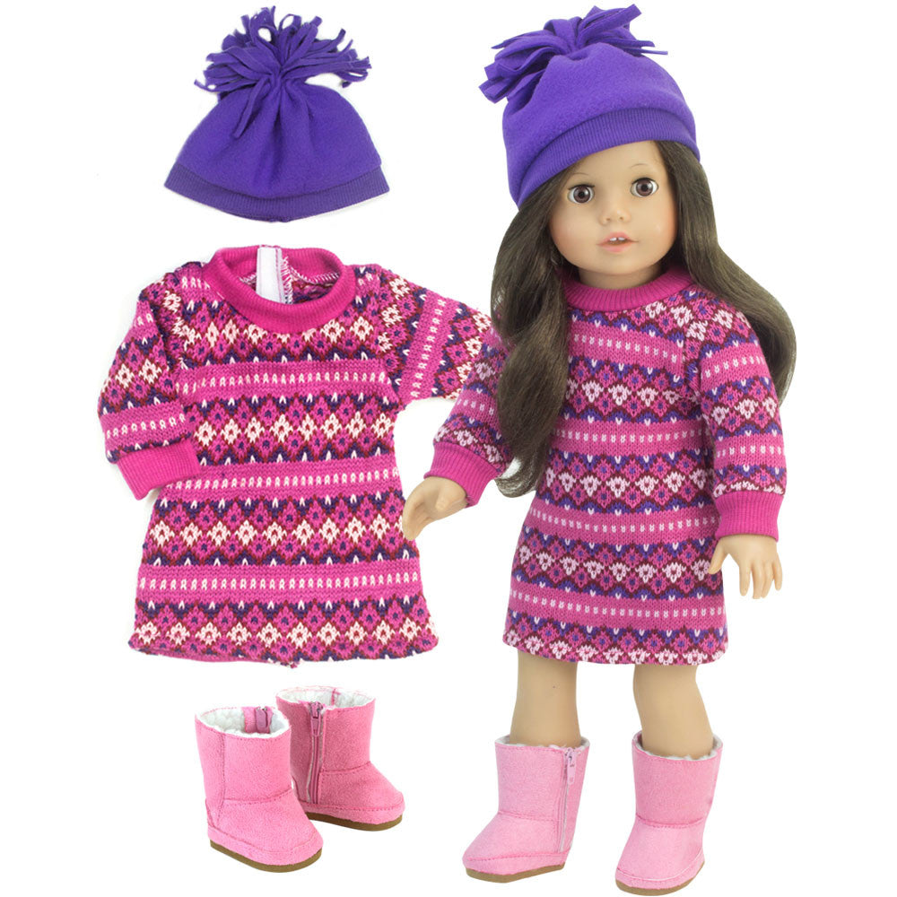 Sophia’s Mix & Match Fair Isle Pattern Knit Long-Sleeved Sweater Dress & Winter Pom-Pom Hat for 18” Dolls, Hot Pink/Purple