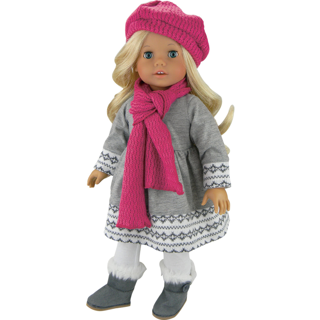 A Sophia’s Doll Dress, Leggings, Hat, and Scarf Set for 18" Dolls wearing a pink hat, gray pants, and white tights and gray boots.