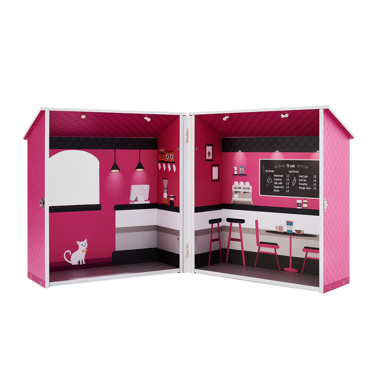 A pink, white, and black doll playset coffee shop - open - fully illustrated on the inside.