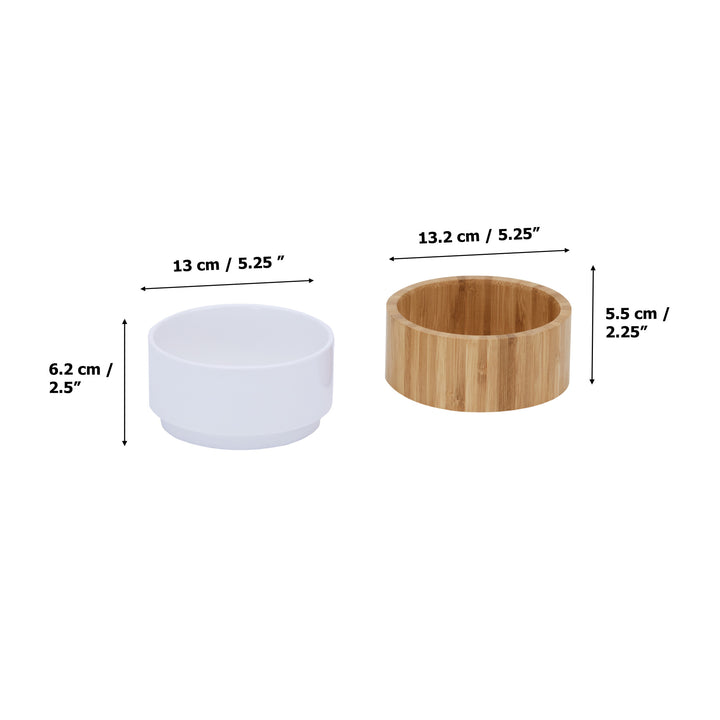 The Billie raised pet bowl with bamboo base, separated, with the dimensions ilsted in inches and centimeters.