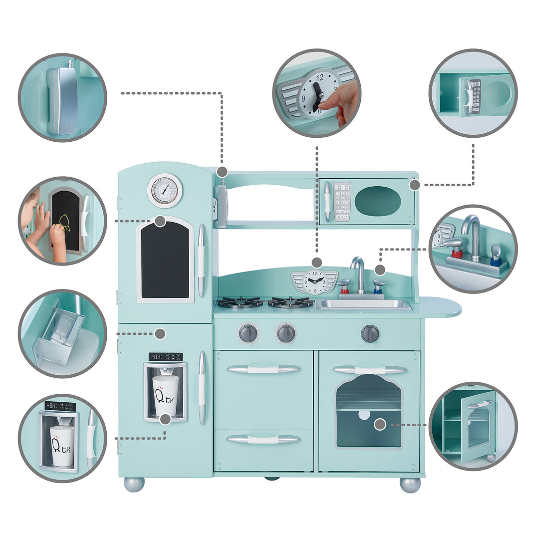 Exploded view of a Teamson Kids Little Chef Westchester Retro Kids Kitchen Playset, Mint highlighting its various interactive features, including a toy telephone and other accessories.