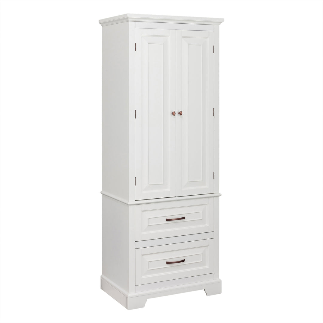 Teamson Home St. James Wooden Linen Tower Cabinet with 2 Drawers, White with two lower drawers and upper cabinet doors, ideal for bathroom storage.
