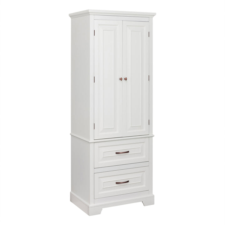 Teamson Home St. James Wooden Linen Tower Cabinet with 2 Drawers, White with two lower drawers and upper cabinet doors, ideal for bathroom storage.