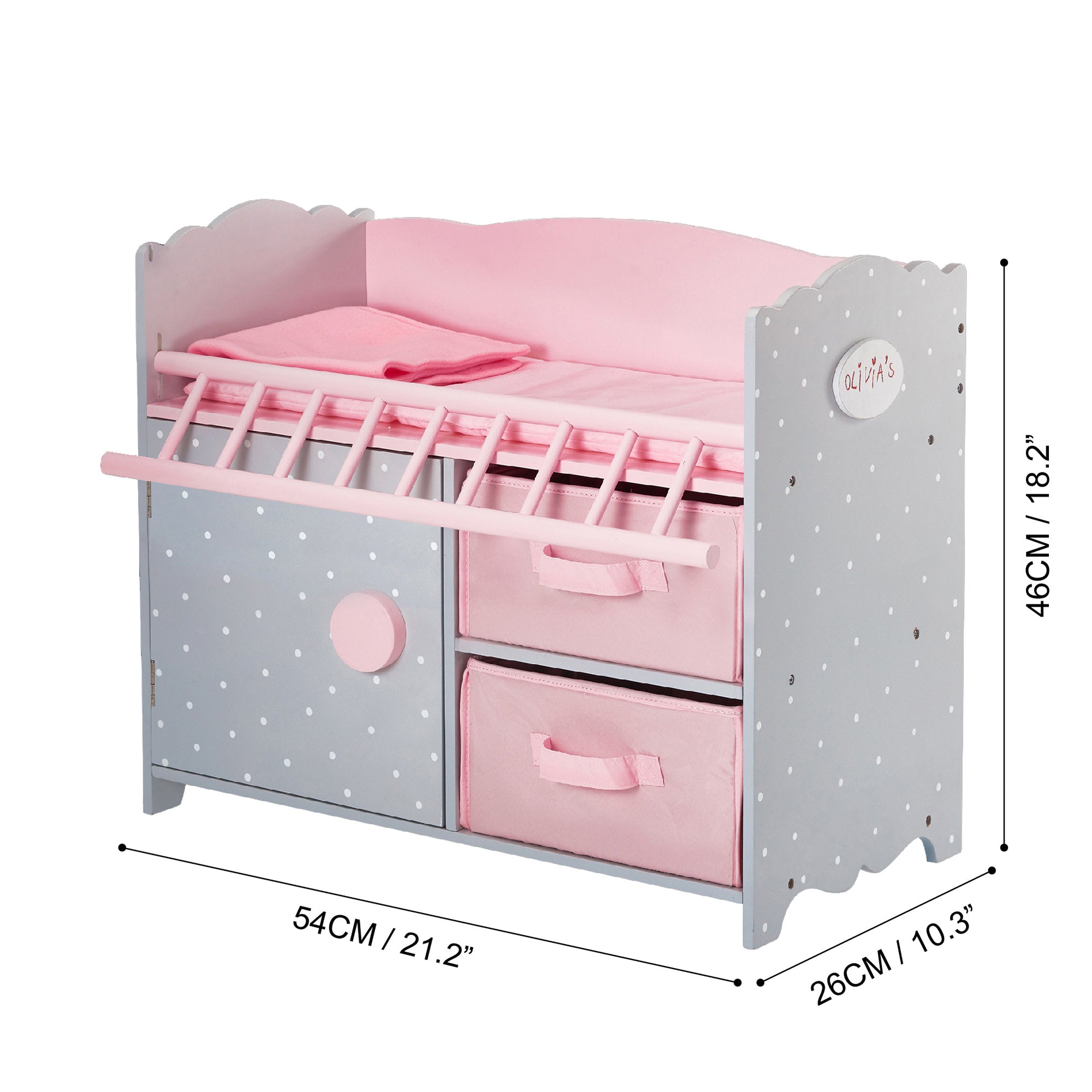 Olivia's Little World Polka Dots Princess Baby Doll Crib with Storage Closet and Drawers, Gray/Pink