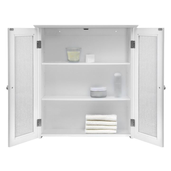 Elegant Home Fashions Connor Removable Wall Cabinet with 2 Glass Doors open with toiletries and towels on the shelves inside