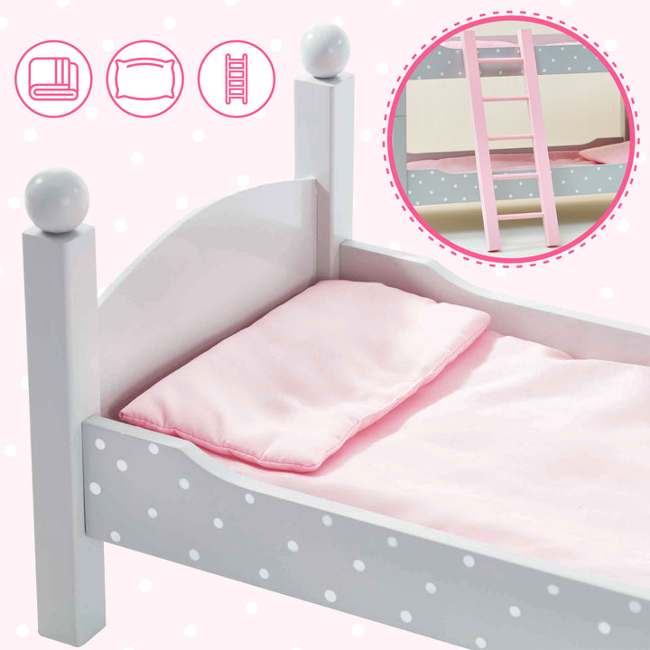 A callout of the pink ladder, a close-up of the pink bedding on the bed, and icons of a blanket, pillow, and ladder.