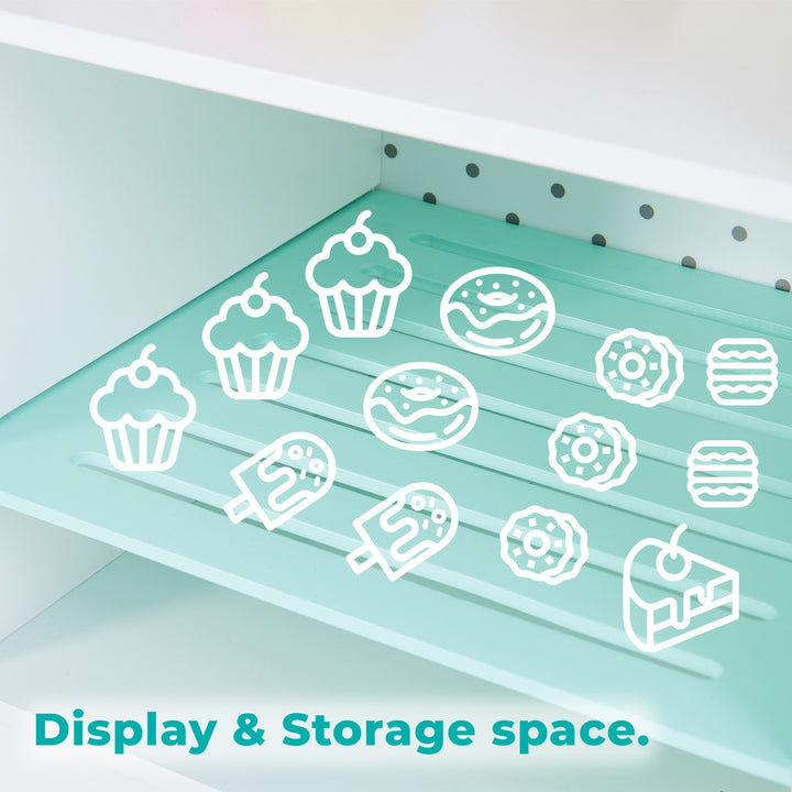 Zoomed up image of the display shelf and storage space in the My Dream Bakery Stand 