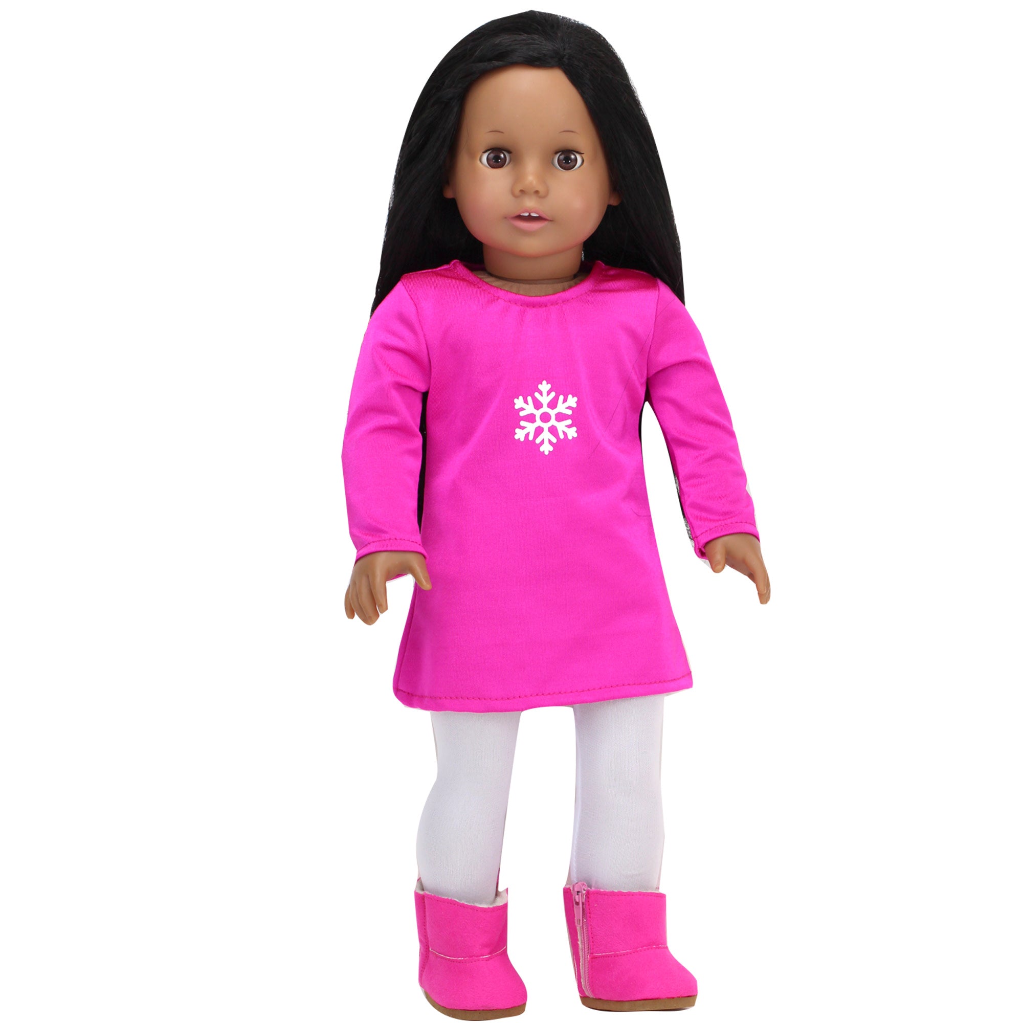 Sophia’s Snowflake T-Shirt Tunic Dress, Shaggy Faux Fur Vest, Solid-Colored Leggings, & Booties Winter Outfit Set for 18” Dolls, Hot Pink/Silver/White