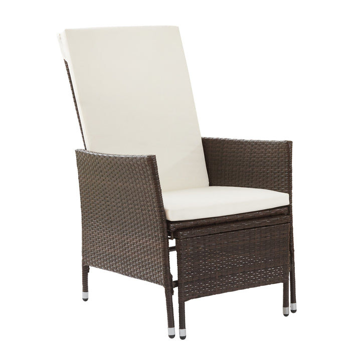 Teamson Home Outdoor PE Rattan Patio Chair with Ottoman and Cushions, Brown/White