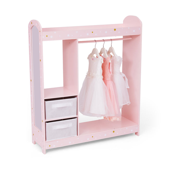 Fantasy Fields Kids Freestanding Jasmine Star Print Wooden Clothing Rack with Shelves and Storage Bins, Pink