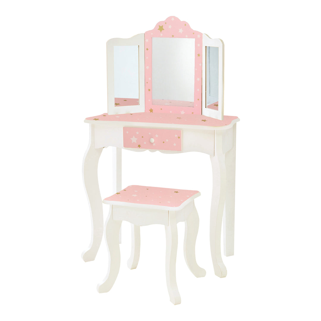 A Fantasy Fields Gisele Play Vanity Set with Mirrors, Pink/White with a mirror and stool.