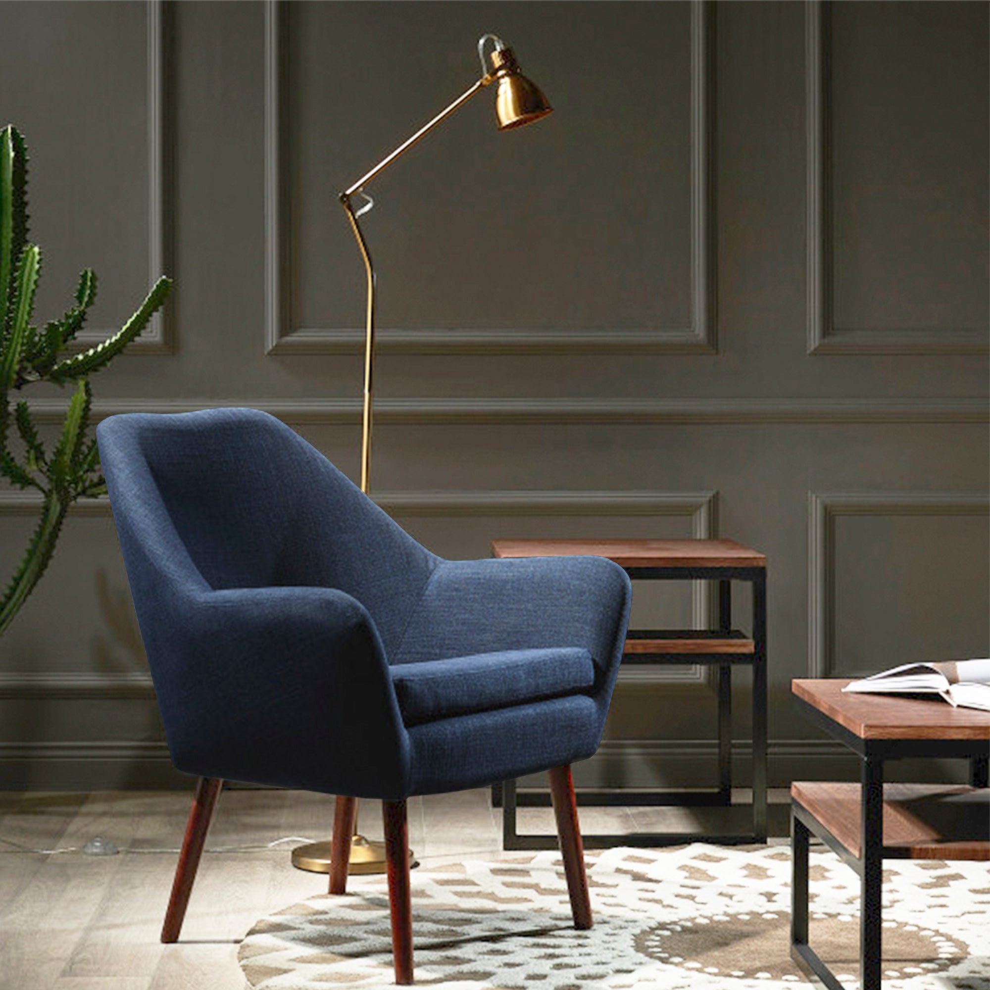 Teamson Home Divano Mid-Century Modern Armchair with Solid Wood Legs, Navy/Honey Oak