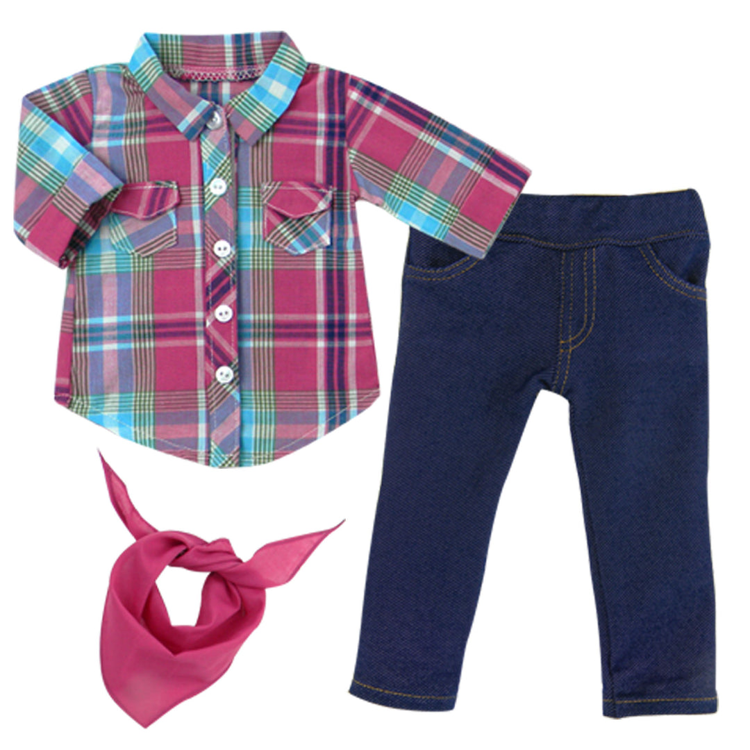 Sophia’s Plaid Button-Up Blouse, Denim Jeggings, & Bandana Complete Three-Piece Outfit Set for 18” Dolls, Hot Pink