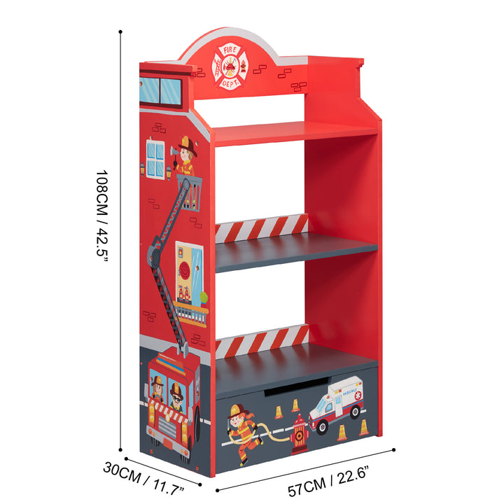 A Fantasy Fields Little Fire Fighters Bookshelf with Drawer, Red, perfect as a storage solution and ideal for young fire fighters.