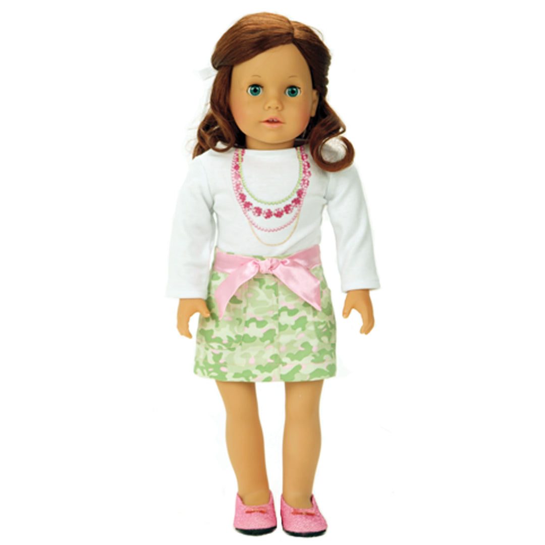 Sophia's - 18" Doll - Necklace Print T & Camouflage Cargo Skirt - White