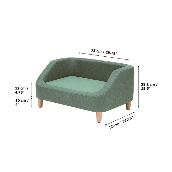 Teamson Pets Bennett Linen Sofa Dog Bed for Small and Medium Dogs, Sea Green with dimension annotations.