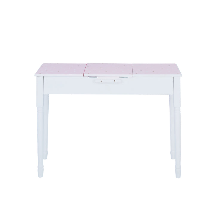 A Fantasy Fields Kids Kate Twinkle Star Vanity Set with Foldable Mirror and Chair in Pink and White.