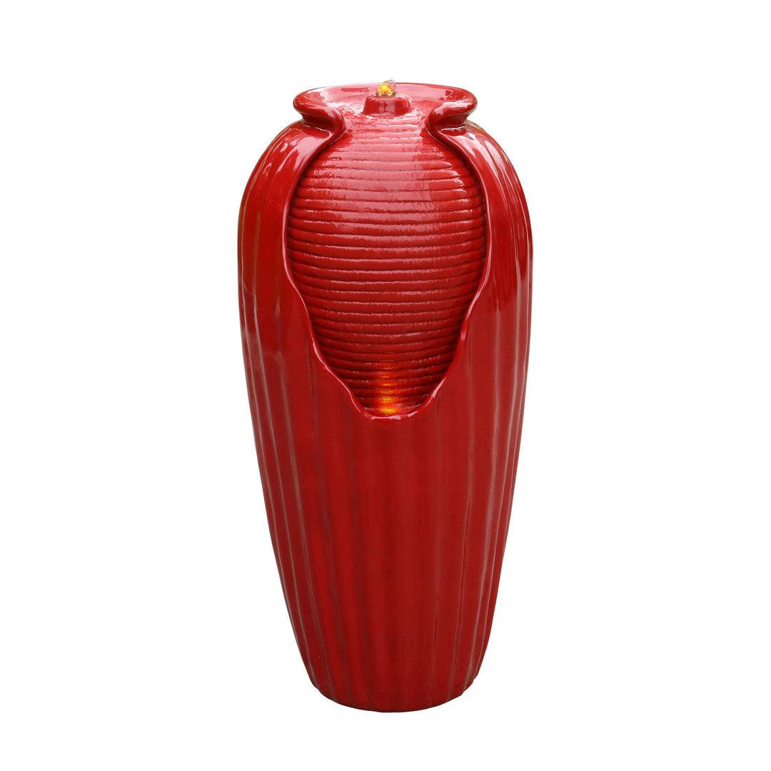 A Teamson Home indoor/outdoor contemporary glazed contoured vase water fountain with LED lights, red isolated on a white background.
