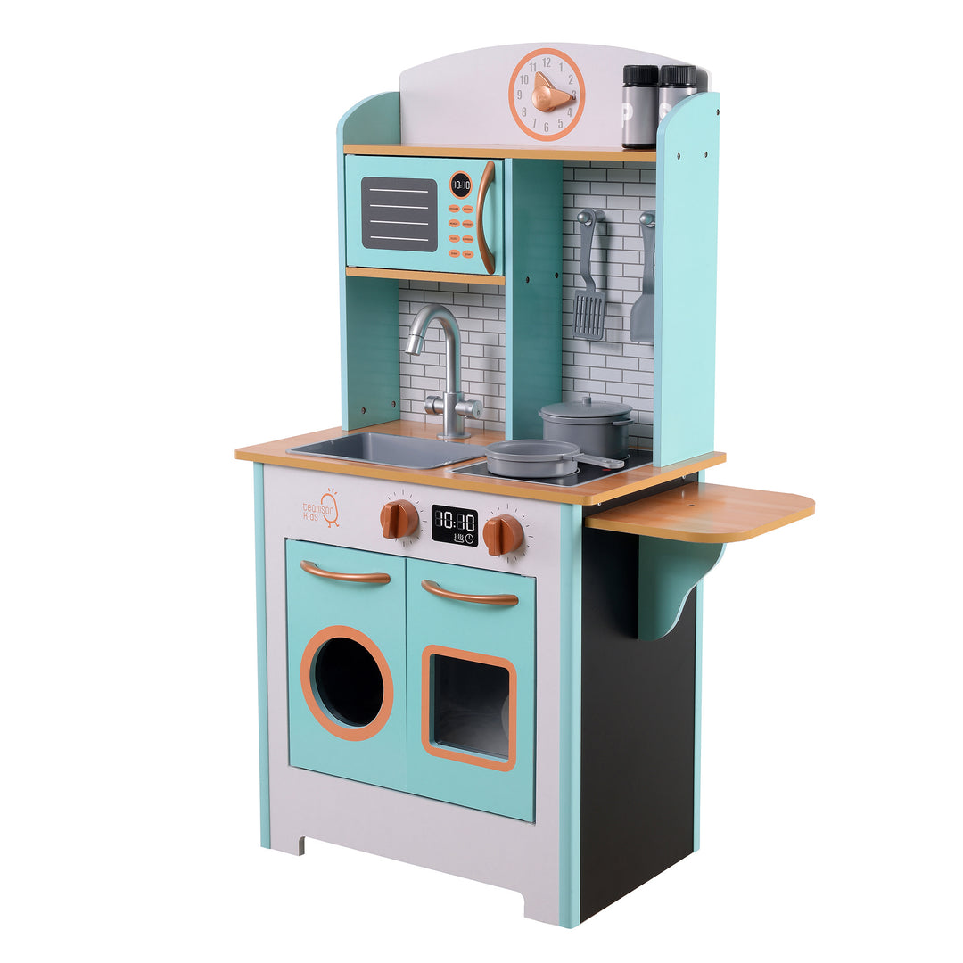 Children's Teamson Kids Little Chef Santos Retro Wooden Kitchen Playset in Aqua/White with various appliances, a clock, and interactive features.
