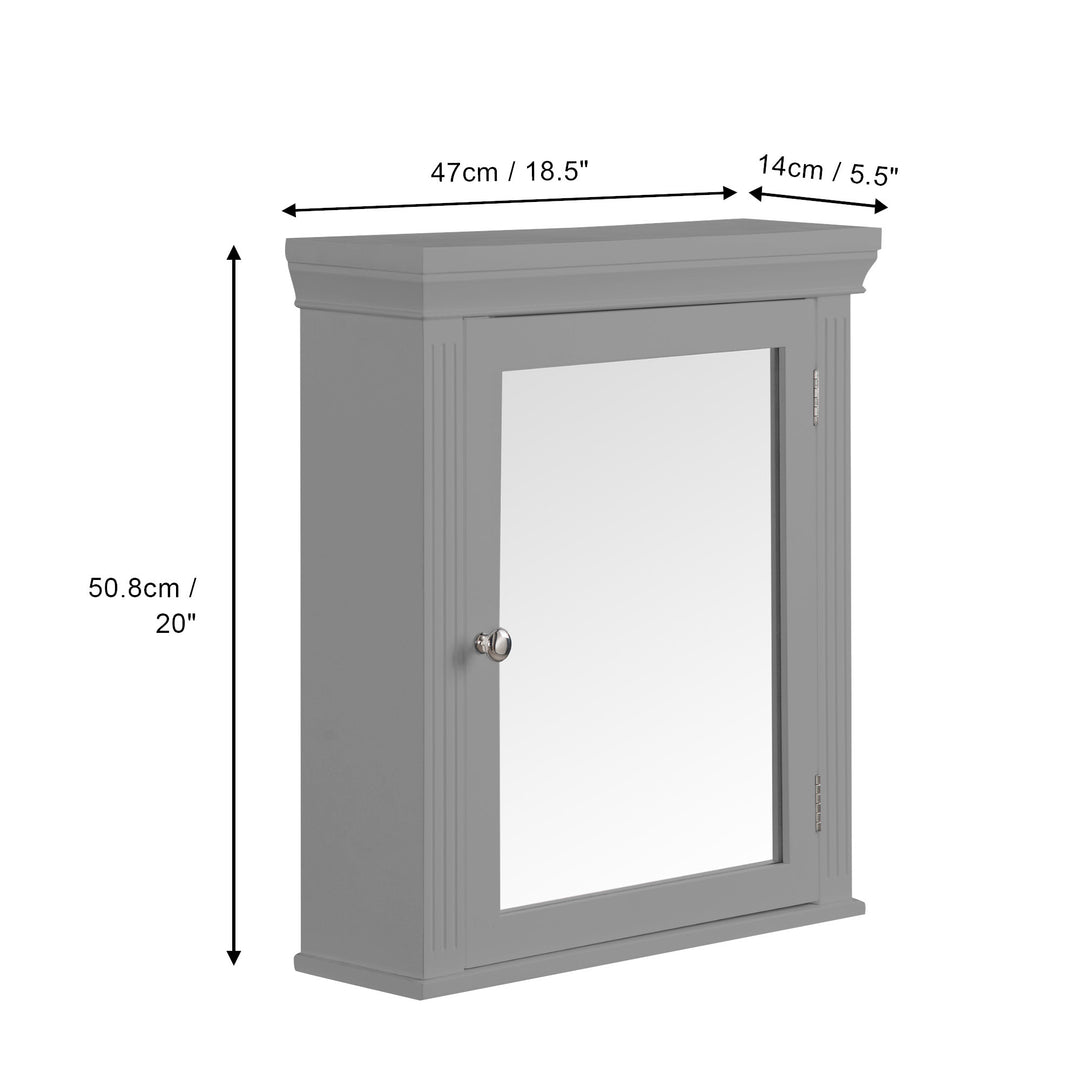 Dimensions in inches and centimeters of a Gray Teamson Home Removable Mirrored Medicine Cabinet