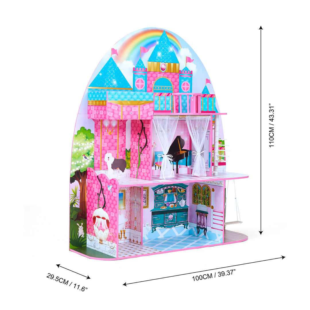 Dimensions in inches and centimeters of a 3-story castle dollhouse from the left side.