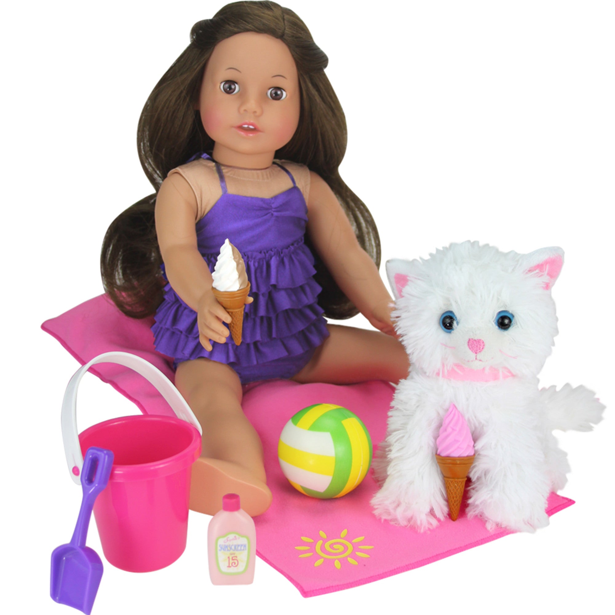 Sophia’s Complete Beach Day Play Set with Towel, Bucket, Shovel, Ball, Ice Cream Cones, Ice Cream Holder, & Pretend Sunscreen Bottle for 18” Dolls