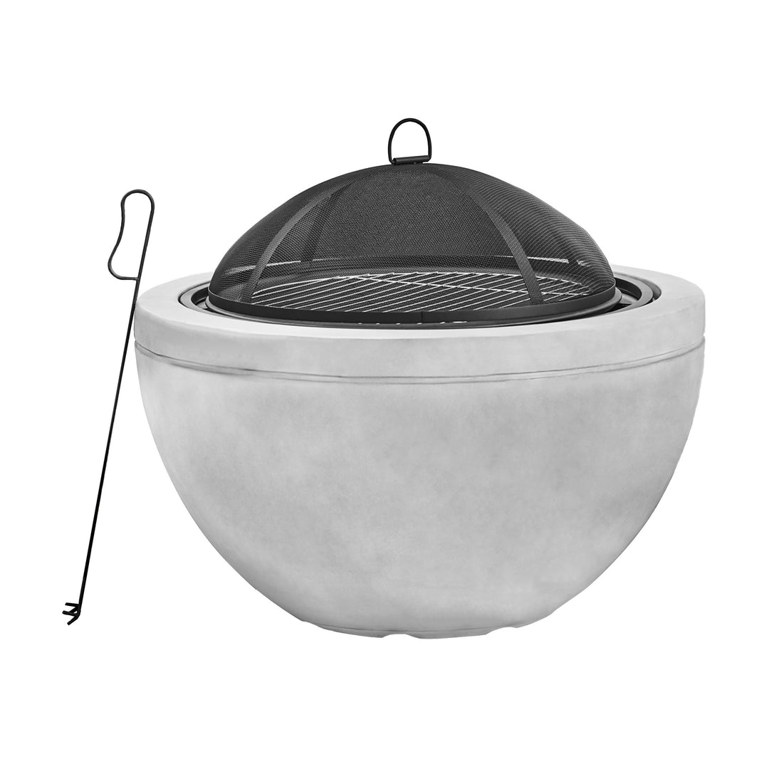 Teamson Home 30" Outdoor Round Wood Burning Fire Pit with Faux Concrete Base, Gray convertible to a barbecue grill with a steel grate and spark screen, accompanied by a metal poker, isolated on a white background.