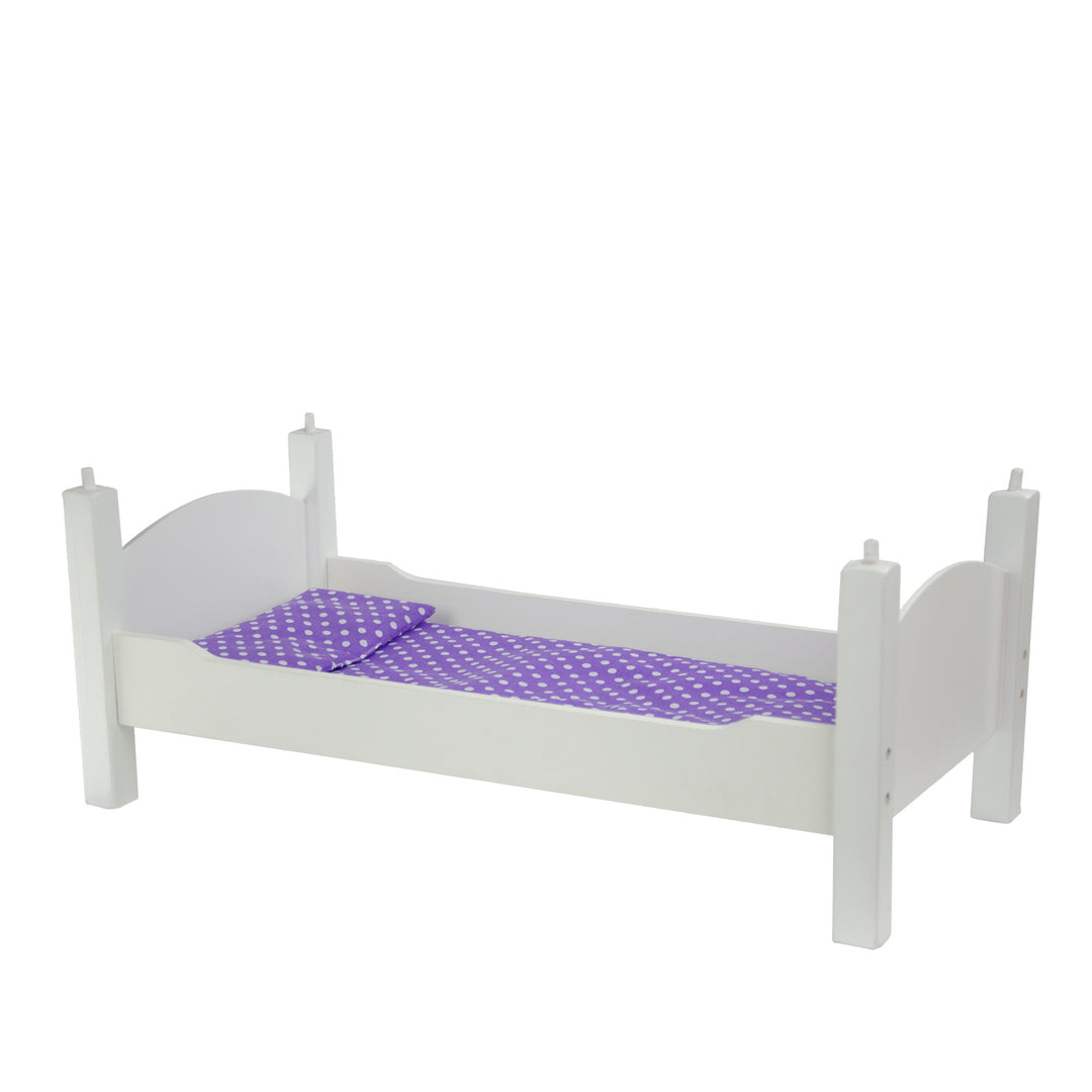 A Olivia's Little World Polka Dots Princess 18" Doll Bunk Bed with purple sheets, perfect for 18" dolls.