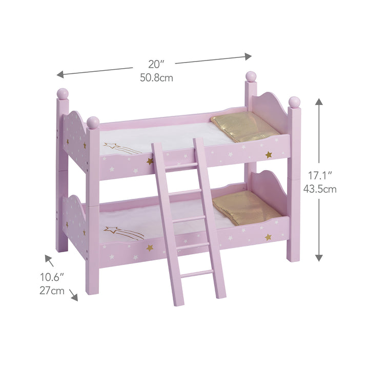 A pink 18" doll bunk bed, pink, with dimensions in inches and centimeters.