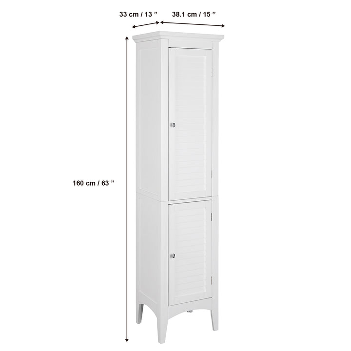 Teamson Home Glancy Wooden Tall Tower Cabinet with Storage, White with labeled dimensions.