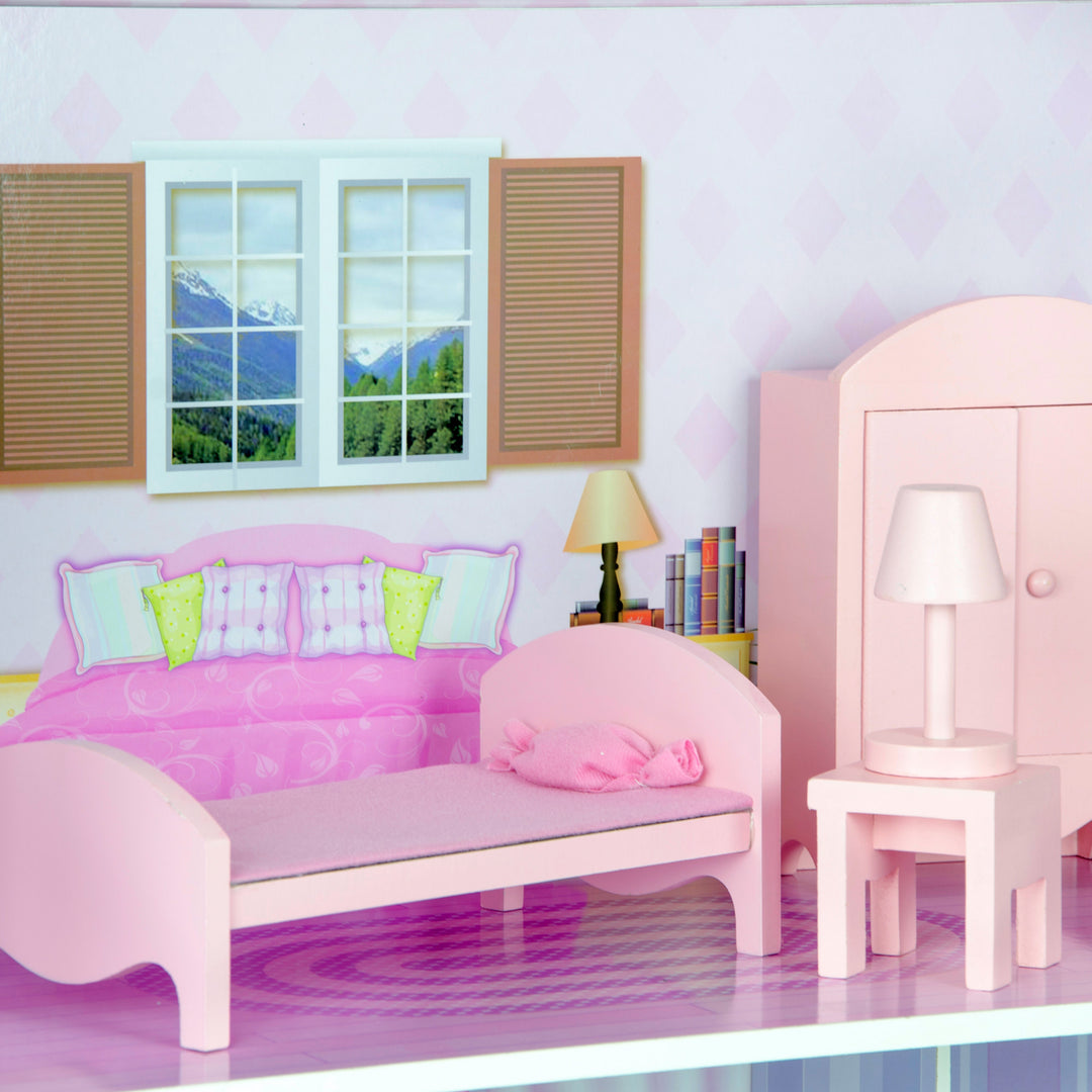 A bedroom with a pink bed, end table, lamp, and double closet.