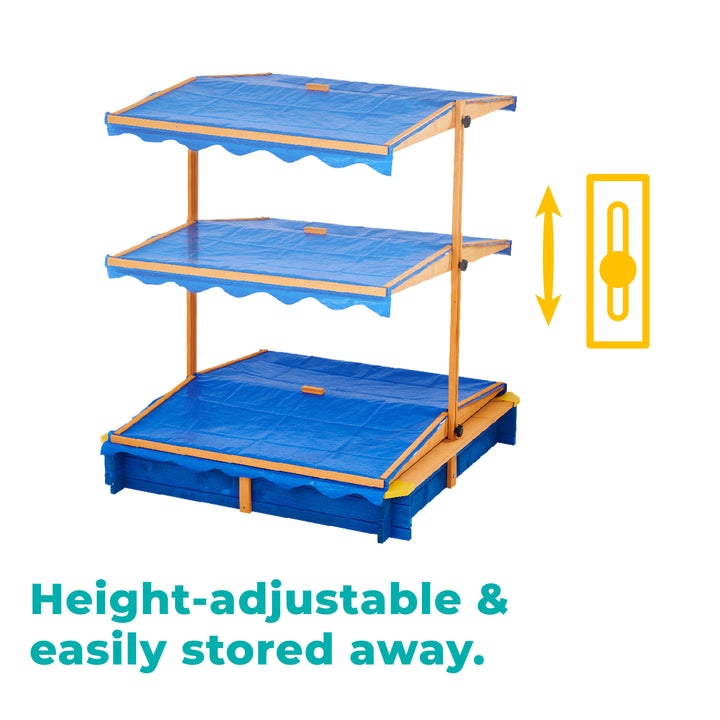 Teamson Kids 4' Square Solid Wood Sandbox with Rotatable Canopy Cover, Honey/Blue three-tier height-adjustable storage unit with a durable collapsible design for compact storage.