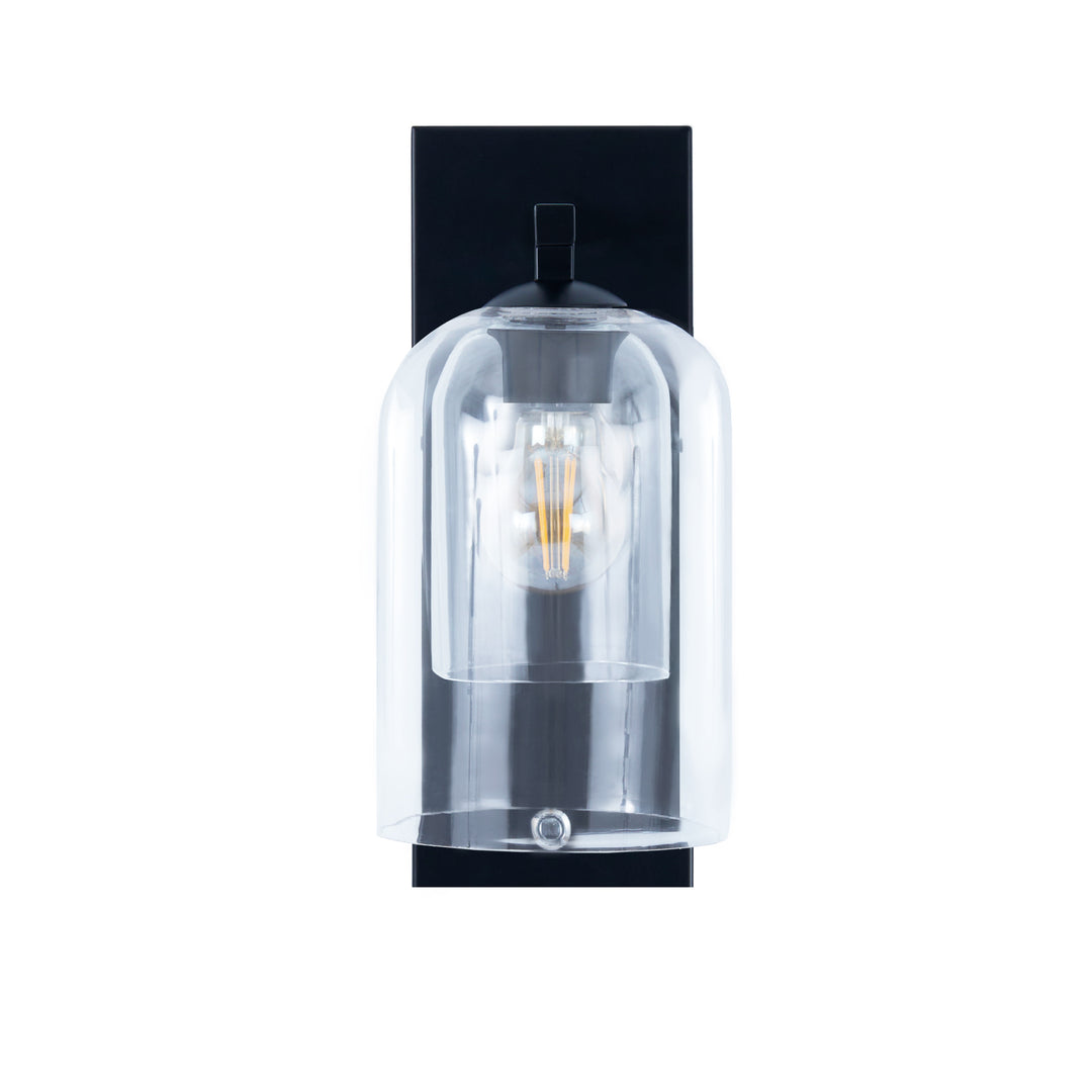 Teamson Home Matte Black Wall Sconce with Double Glass Shade with a vintage filament bulb inside