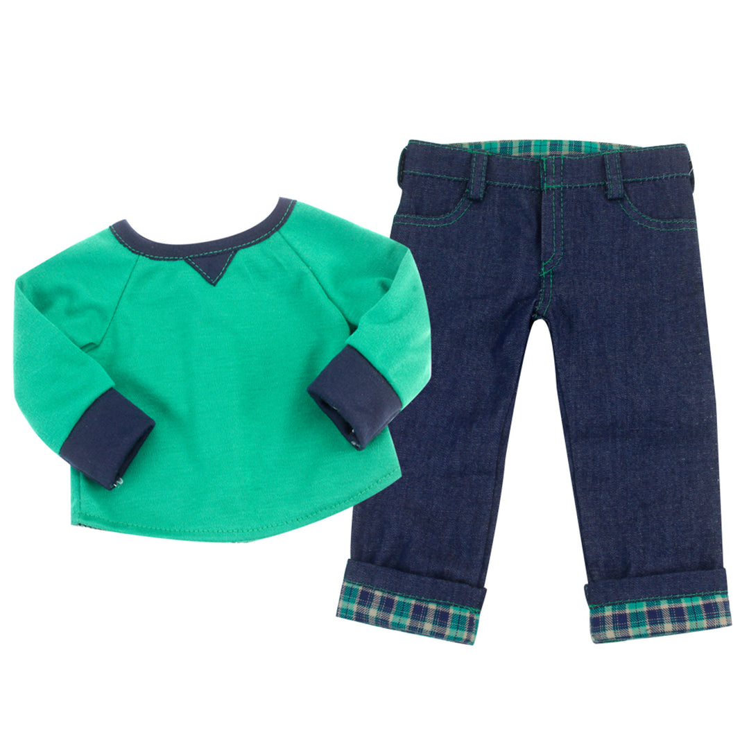 A green shirt and jeans for an 18" doll.