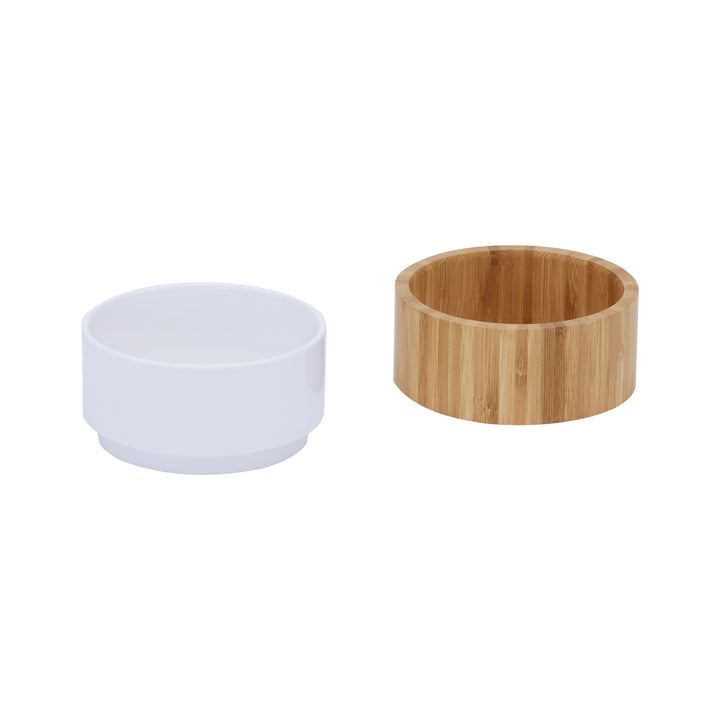 The Billie Ceramic Pet Bowl separated from the Bamboo Stand