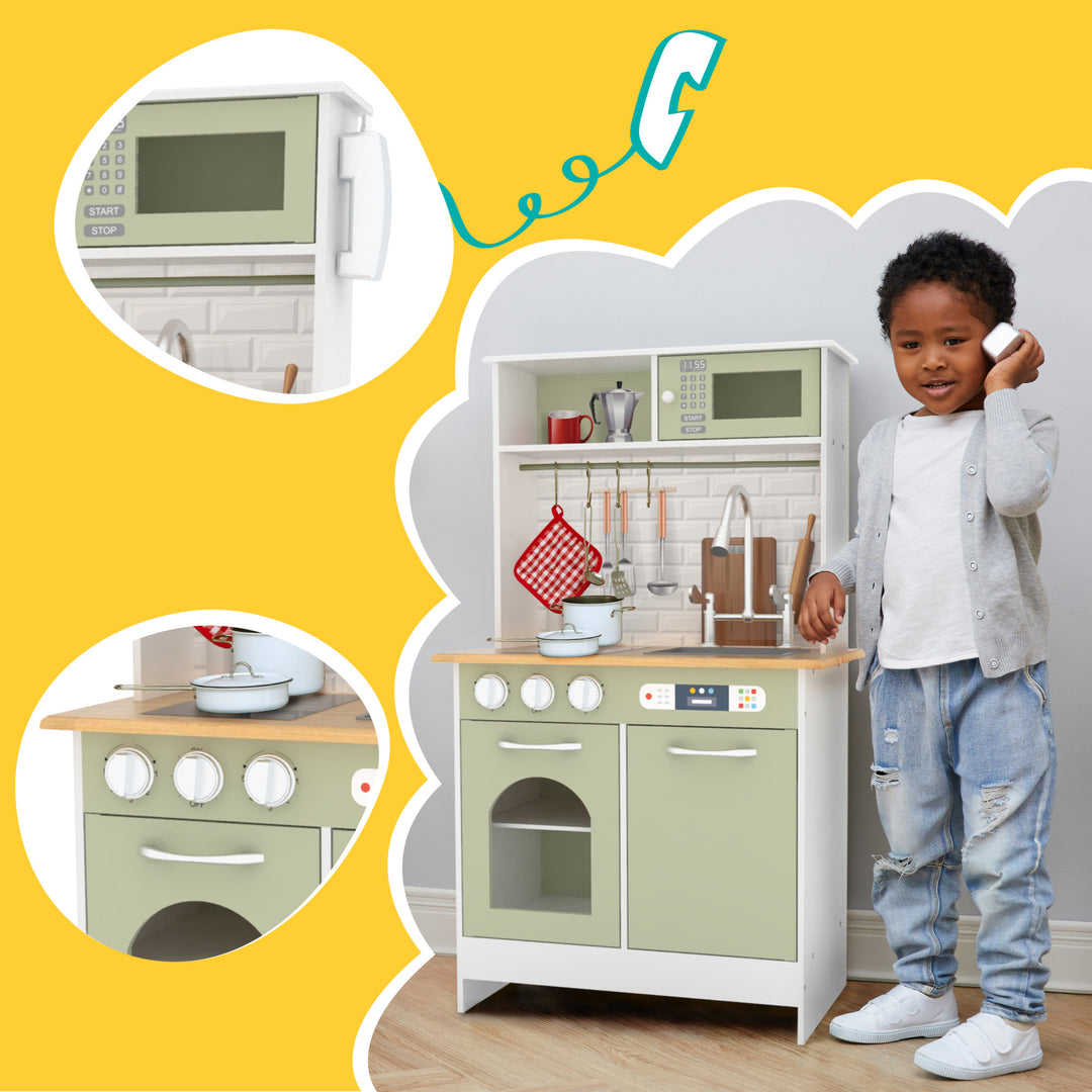 A young child standing next to a Teamson Kids Little Chef Boston Modern Wooden Kitchen Playset with inset images showing close-up details of the interactive features.