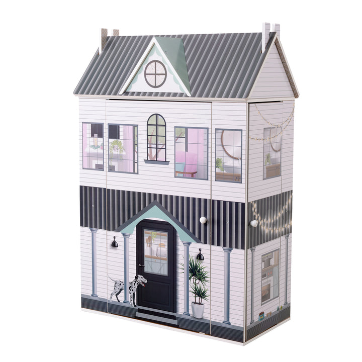 A view of the dollhouse closed with the fully-illustrated exterior, including doors, windows, pillars, paneling, and the two knobs that are pulled to open the house.