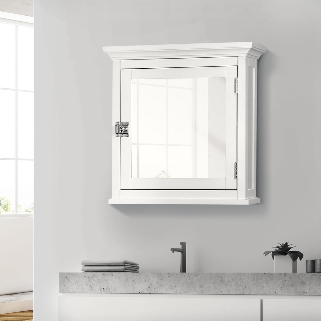 White Teamson Home Madison Removable Mirrored Medicine Cabinet with Crown Molded Top on a gray wall over a modern bathroom vanity