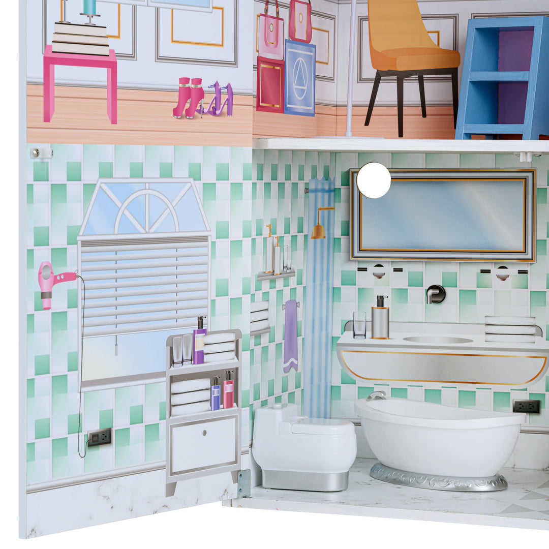 A close-up of a toilet that makes a flushing noise and bathtub in a fully-illustrated room.