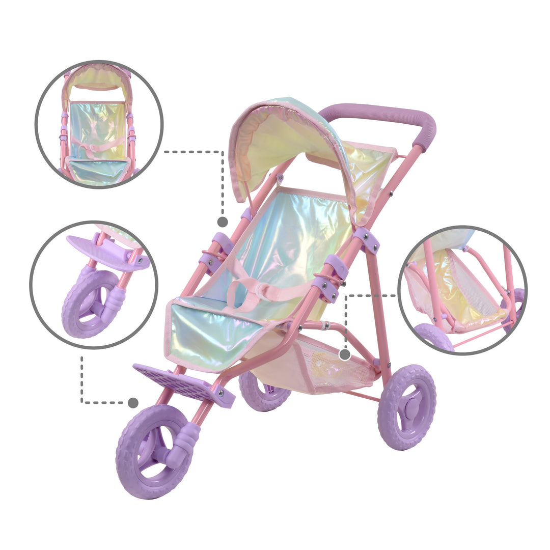 Callouts of the seating area, the front all-terrain wheel, and storage basket of the iridescent baby doll jogging stroller.