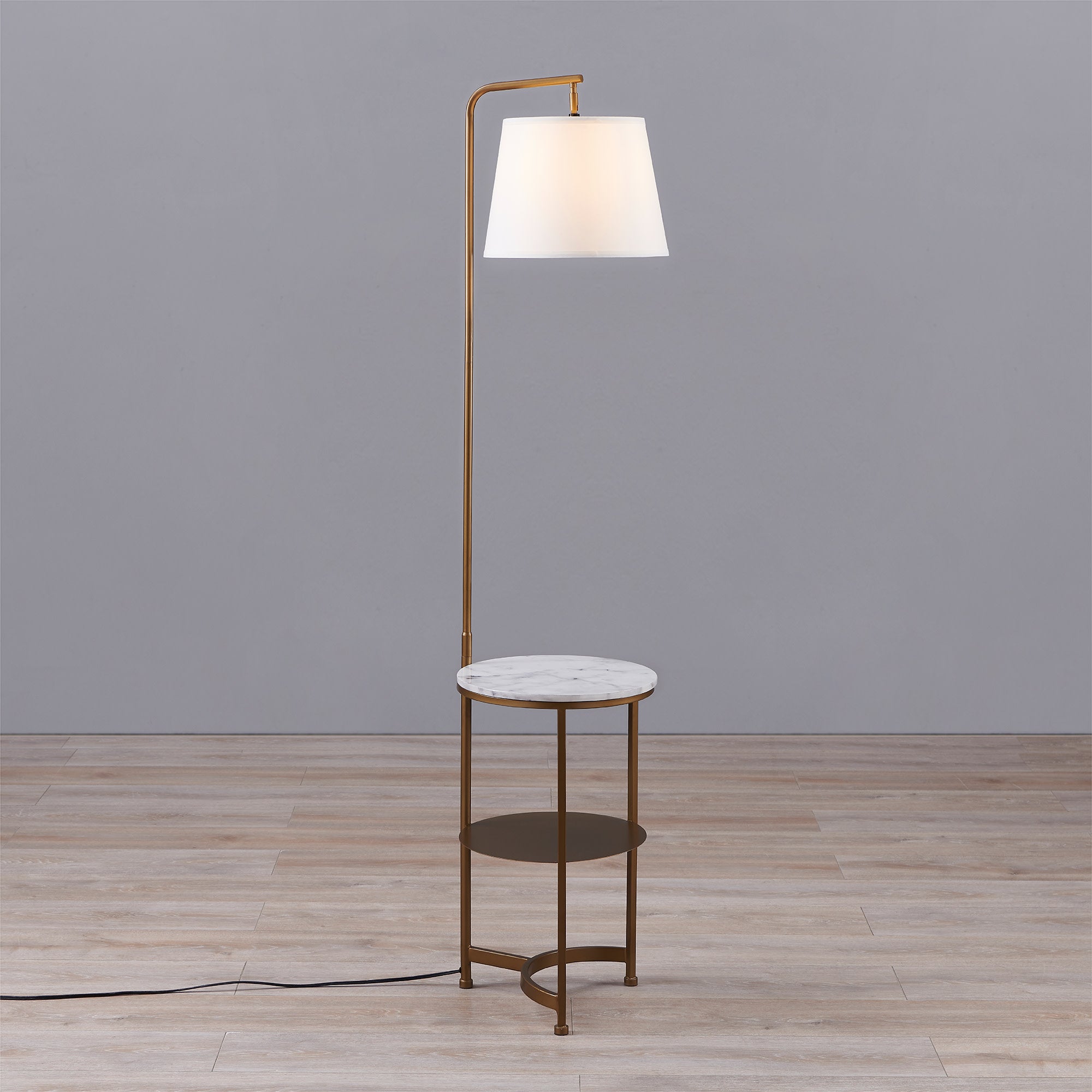 Teamson Home Lilah Floor Lamp with Faux Marble Tray Table and Built-In USB Port, White/Brass