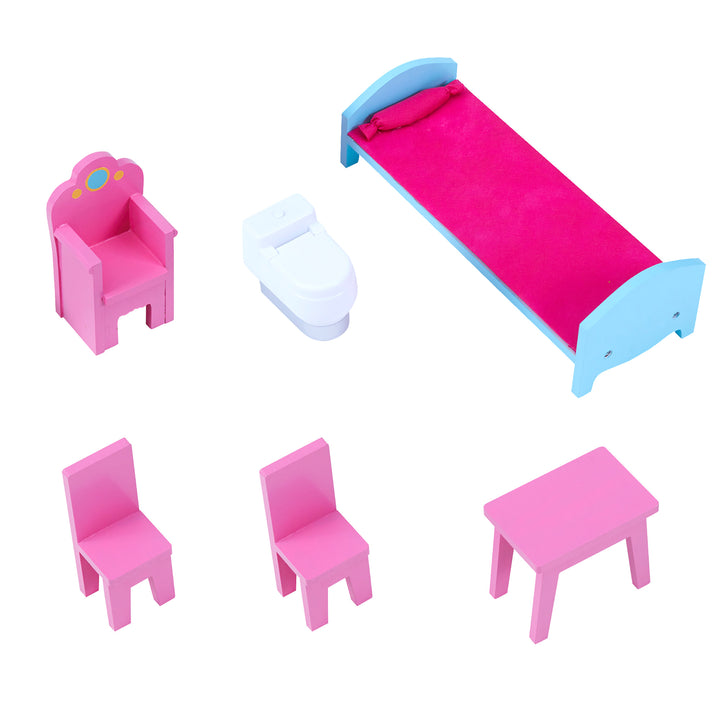 A picture of the accessories that come with the dollhouse: a pink throne, a white toilet, a blue and pink bed, two pink chairs and a pink table.