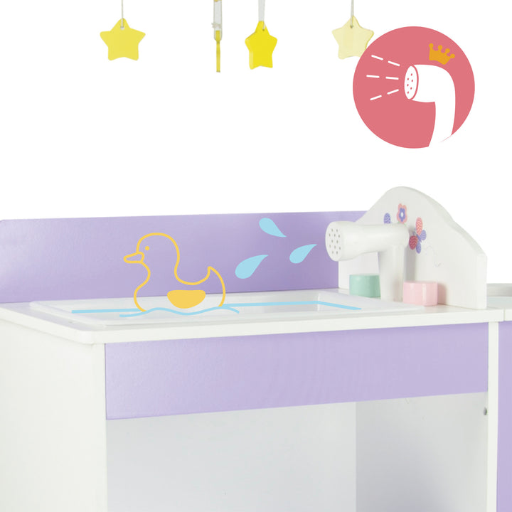 A close-up of the sink portion of a baby doll changing station with an icon of a shower head.