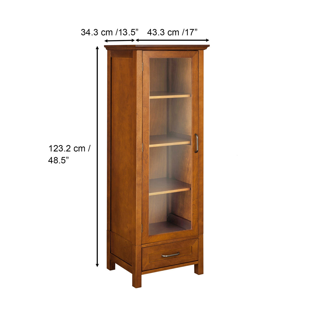 Teamson Home Avery Wooden Linen Tower Cabinet with Storage, Oiled Oak with measurements in inches and centimeters