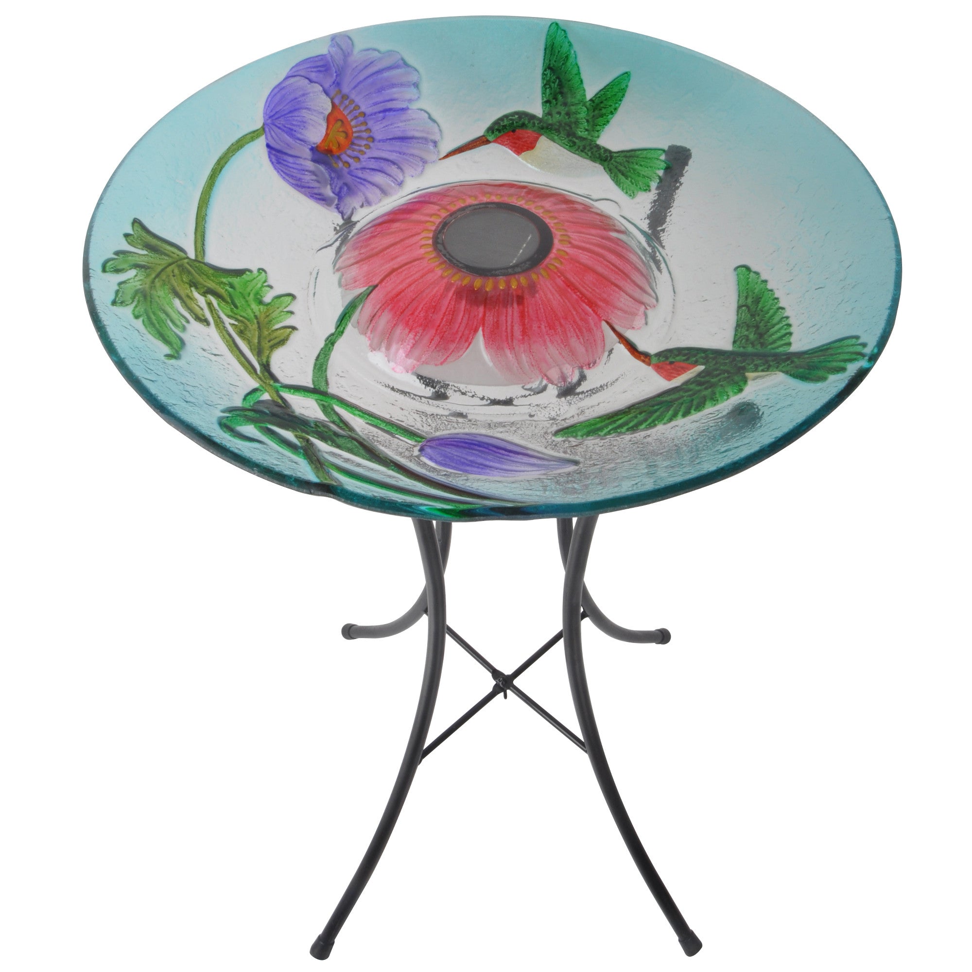 Teamson Home 18" Outdoor Solar Glass Hummingbird Birdbath with LED Lights and Stand, Multicolor